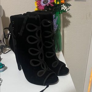 Shoe Dazzle Black Lace-Up Peep Toe Stiletto Ankle Boots
